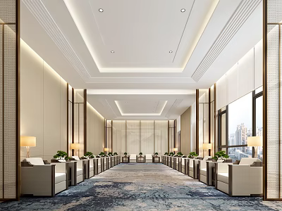 Spacious Hotel Public Lounge Area With Comfortable Sofas Large Windows Decorative Rug And Ambient Lighting 3d model