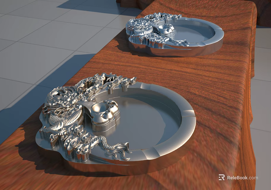 Silver Metal Trays With Intricate Dragon Designs Placed On Wooden Table Surface 3d model 