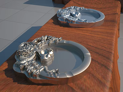 Silver Metal Trays With Intricate Dragon Designs Placed On Wooden Table Surface 3d model