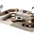 Modern Sofa Coffee Table Set With Floor Lamp Rug Pillows Armchair And Plant