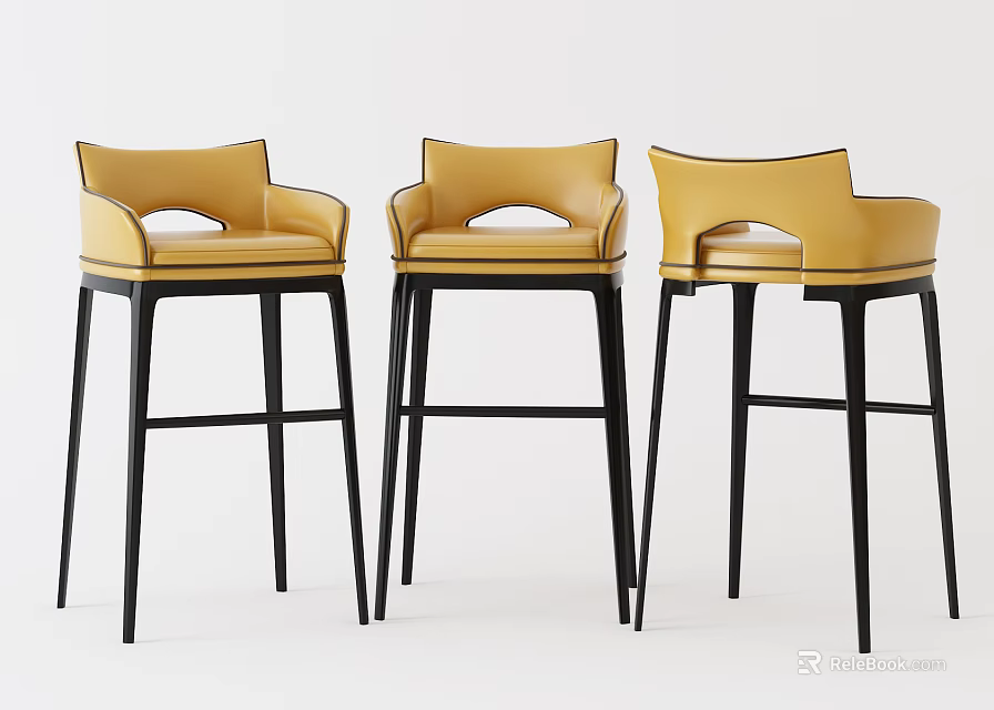 Three Yellow Modern Bar Stools With Black Legs And Stylish Design 3d model