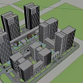 Modern High Rise Office Buildings With Central Plaza Green Spaces And Water Feature