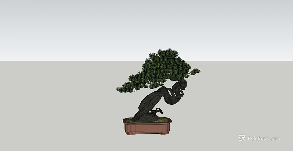 Bonsai Plant With Curved Trunk And Lush Green Foliage In Brown Pot 3d model 