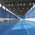 Indoor Badminton Court With Blue Floor Sport Figure Graphics And Fitness Area Setup