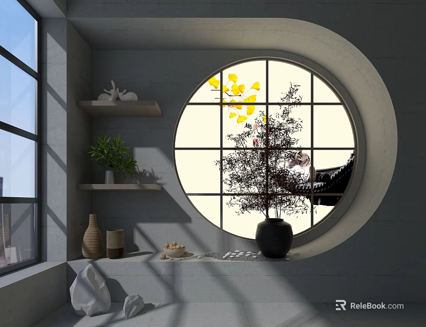 Stylish Bonsai Plant in Black Pot by Circular Window with Interior Decor 3d model 