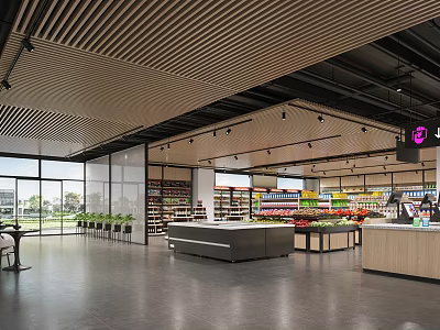 Modern Spacious Supermarket Interior Design With Shelves Fresh Produce And Checkout Counter 3d model