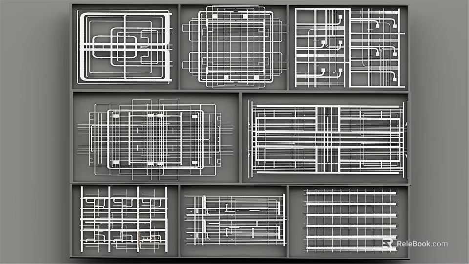 Various Ceiling Design Sketches Featuring Different Structural Layouts And Grid Patterns 3d model 