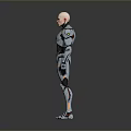 Futuristic Armored Character And Mechanical Being In Sleek Silver Black Red Armor Standing Pose