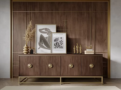 Wooden Entryway Console Cabinet In Modern Design With Gold Accents And Decorative Frames Sculptures Vase 3d model
