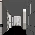 Modern Office Corridor Interior Design With White Walls Black Floor Ceiling Lighting And Potted Plants