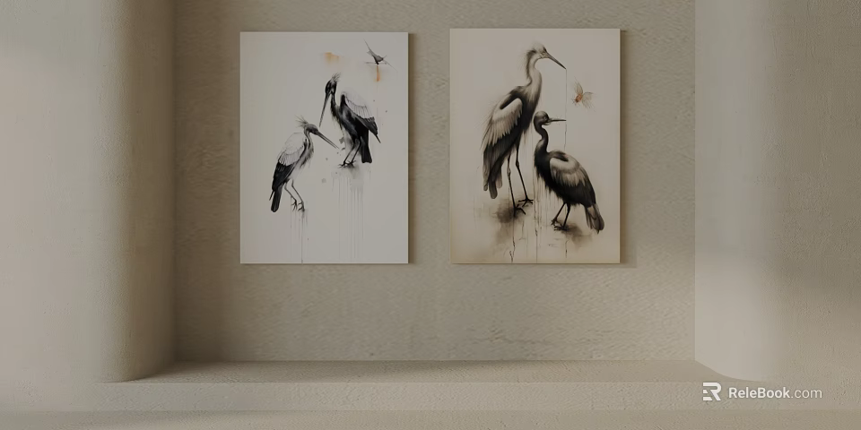 Stylish Crane And Butterfly Artwork Paintings For Wall Decor 3d model