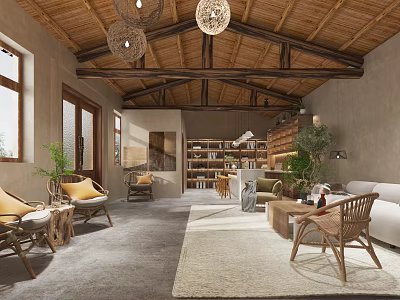 Rustic Living Room Interior With Wooden Beamed Ceiling Rattan Lights And Wicker Furniture 3d model