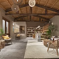 Rustic Living Room Interior With Wooden Beamed Ceiling Rattan Lights And Wicker Furniture
