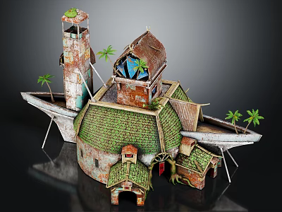 Unique Rustic Building Structure With Green Roof Tower Palm Trees And Multi Section Design 3d model