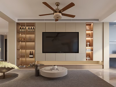 Modern Living Dining Room Interior With Ceiling Fan TV Wall Wine Racks Round Coffee Table 3d model