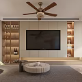 Modern Living Dining Room Interior With Ceiling Fan TV Wall Wine Racks Round Coffee Table
