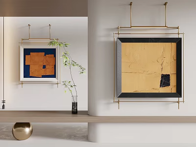 Abstract Paintings With Blue Orange Brown Hues Golden Frame Vase Plant And Light Shelf 3d model