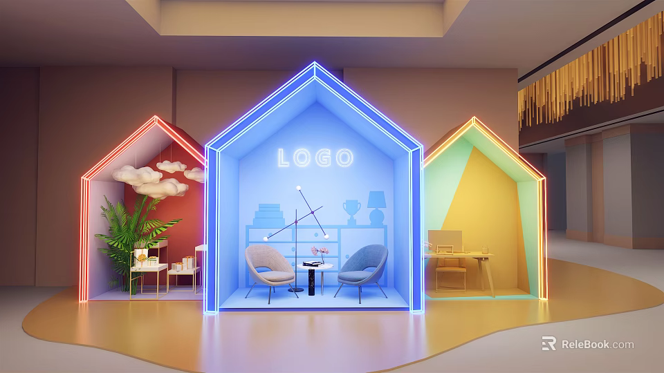 Modern Display Pavilions With Neon Borders LOGO Interior Chairs And Decor 3d model 