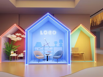 Modern Display Pavilions With Neon Borders LOGO Interior Chairs And Decor 3d model