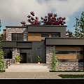 Modern Detached Villa Exterior Design With Stone Wood Facade Steps Trees And Plants