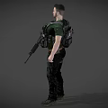 Military Male Character With Rifle In Tactical Vest Green T Shirt And Black Pants