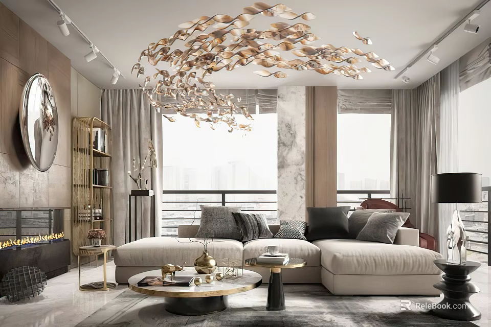 Elegant Modern Living Room Interior With Gold Leaf Chandelier And Beige Sofa 3d model 