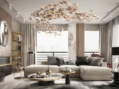 Elegant Modern Living Room Interior With Gold Leaf Chandelier And Beige Sofa 3d model