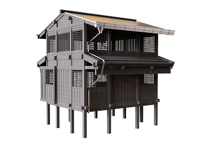 Traditional Japanese Stilted Building Wooden Structure With Lattice Windows And Sloped Roof 3d model
