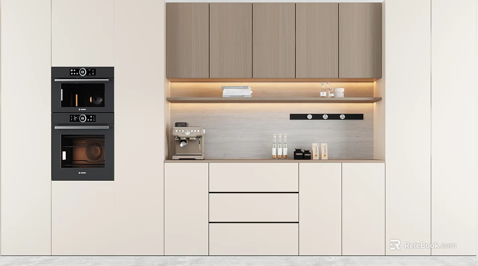 Modern Kitchen Sideboard With Light Wood Cabinets Drawers And Under Cabinet Lighting 3d model 