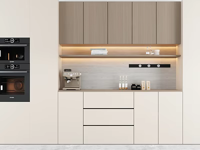 Modern Kitchen Sideboard With Light Wood Cabinets Drawers And Under Cabinet Lighting 3d model