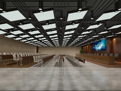 Spacious Conference Room Interior With Long Tables Arranged Chairs Overhead Lighting And Large Screen 3d model