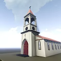 Ancient Historic Church Building with Bell Tower Cross Red Door and White Walls