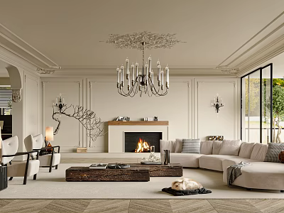 Elegant Modern Living Room Interior With Ornate Chandelier Fireplace Paneled Walls And Light Sofa 3d model