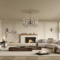 Elegant Modern Living Room Interior With Ornate Chandelier Fireplace Paneled Walls And Light Sofa