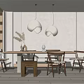 Modern Restaurant Dining Area With Long Wooden Table Chairs And White Spherical Pendant Lights
