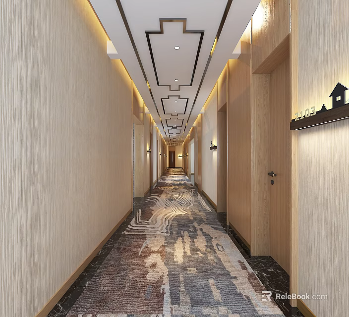 Elegant Modern Hotel Corridor Interior With Wooden Walls Patterned Carpet And Geometric Ceiling Lighting 3d model 
