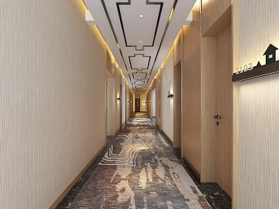 Elegant Modern Hotel Corridor Interior With Wooden Walls Patterned Carpet And Geometric Ceiling Lighting 3d model
