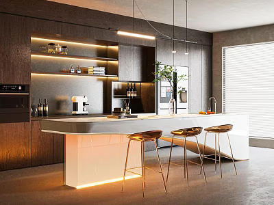 Modern Kitchen Interior With Stylish Bar Counter Gold Stools And Wooden Lighting Design 3d model