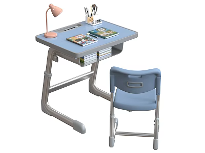 Blue Children's Desk with Matching Chair Pink Lamp Stationery and Books 3d model