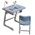 Blue Children's Desk with Matching Chair Pink Lamp Stationery and Books