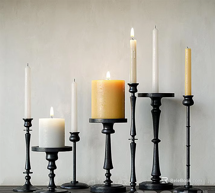 Elegant Black Candle Holders With Various Heights Lit White And Yellow Candles Decorative 3d model 