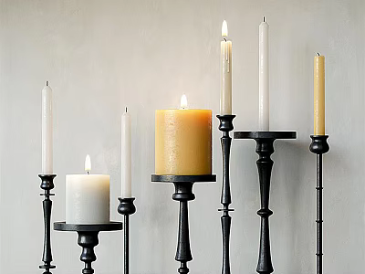 Elegant Black Candle Holders With Various Heights Lit White And Yellow Candles Decorative 3d model