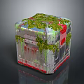 Cube Shaped Decorative Household Item with Moss Covered Surface and Red Silver Accents
