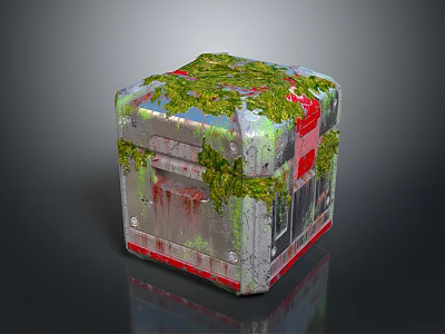 Cube Shaped Decorative Household Item with Moss Covered Surface and Red Silver Accents 3d model