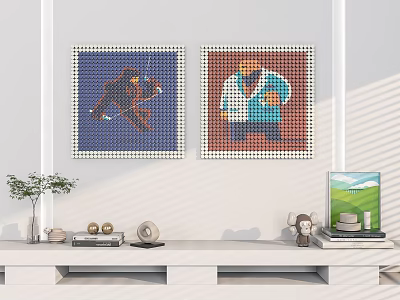 Interior Decor With Pixel Art Paintings On Wall And TV Stand With Green Plant 3d model