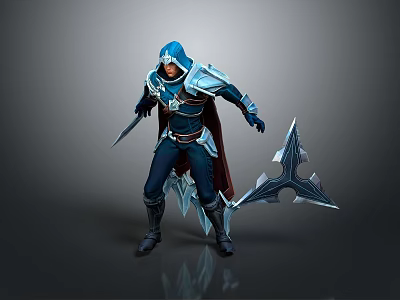 Hooded Man in Blue Silver Armor Holding Sword Spiked Weapon with Cloak and Icy Details 3d model