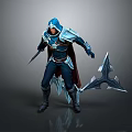 Hooded Man in Blue Silver Armor Holding Sword Spiked Weapon with Cloak and Icy Details