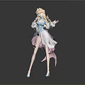Game and Movie Character With Long Blonde Hair Blue Pink Outfit Flowing Skirt Standing Pose