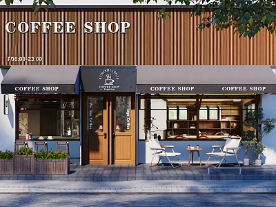 Coffee Shop Storefront Design With Wooden Wall Black Awning Outdoor Seating and Plants 3d model