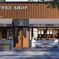 Coffee Shop Storefront Design With Wooden Wall Black Awning Outdoor Seating and Plants